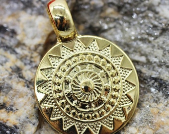 Shiny Gold Plated Tribal Pendant, 23x30 mm, Talisman Pendant, Gold Pendants, Medallion Pendant, Ethnic Pendant, Round Pendant, TLSM