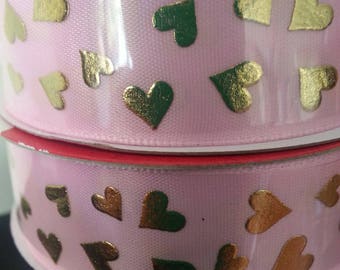 Pink and Gold Satin Ribbon. 7/8 in x 9 Ft. Roll. Gold Hearts Print Ribbon. Girls Bows,  wedding ribbon, Baby girl ribbon. Hair pink ribbon.
