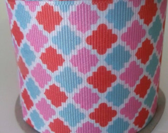 Grosgrain Ribbon. 2.25" x 5 Yards Roll. Quatrefoil Pattern. Pink,Red,Blue and White. Candy Moroccan Tile Print. Made is USA. High Quality.