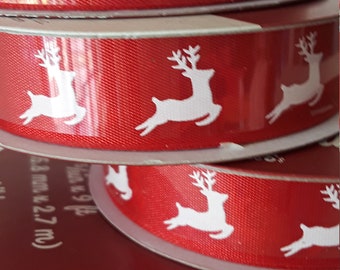 Holiday Satin Ribbon. Red & White Ribbon. Christmas Ribbon. Reindeer Printed Ribbon. 5/8 in x 9 ft Fabric Ribbon. Bows, Scrapbooking. Crafts