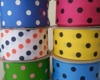 Polka Dots Grosgrain Ribbons. Assorted Colors. 1.5 in x 5 Yards roll. MADE IN USA. Pink, Yellow,  Blue. Bows, wreaths,  sewing projects.