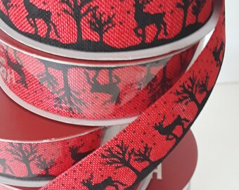 Red & Black Fabric Holiday Ribbon.  Reindeer Printed Ribbon. Christmas Bows, Crafts,  Hair Ribbon. Gift wrapping Ribbon. 7/8" x 9 ft. Roll.