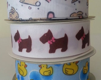 Baby Ribbon. 5 Yards x 7/8" Grosgrain. Baby Animals Printed. Ducks, Dogs, Rabbits. MADE IN USA. High Quality Ribbons. Hair Bows,Baby Shower.