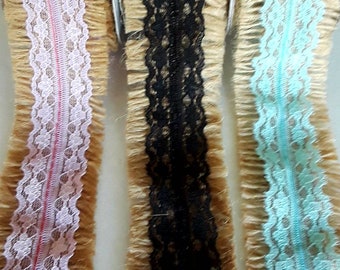 Jute Lace Trim. Natural Jute Pink, Aqua & Black Lace. 1.5" x 3 Yrd Roll. Frayed Edges Trim. Rustic Decor Ribbon. Floral Crafts. Table decor.