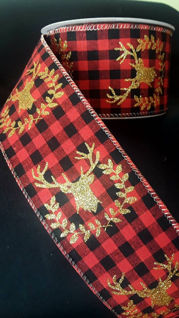 Buffalo Plaid Wired Ribbon Red Black Gold 2 5 In X 15 Ft Etsy