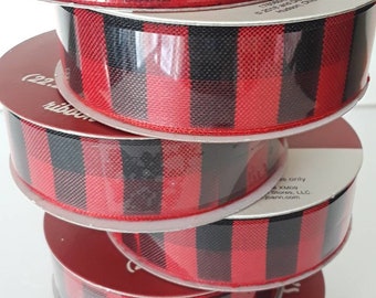 Buffalo Plaid Ribbon. Black & Red Fabric Ribbon. 7/8 in x 9 ft. Roll. Christmas Ribbon. Holiday Bows. Sewing Check Plaid Ribbon. Hair Ribbon