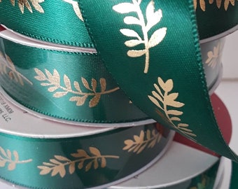 Geen Satin Ribbon. Golden Leaves Printed. 7/8 in x 9 ft. Rolls. Christmas Ribbon, Sewing Luxury Ribbon.