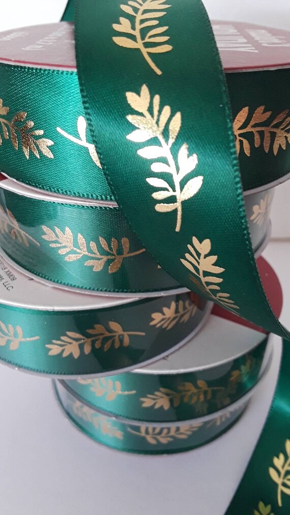 Geen Satin Ribbon. Golden Leaves Printed. 7 8 in X 9 Ft. Rolls