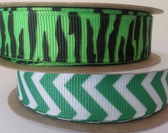 5 Yards Grosgrain Ribbon. 5/8" wide. Zebra Neon Green and Black. Chevron Green and White. MADE IN USA. High Quality. Hair Bows, sewing,Craft