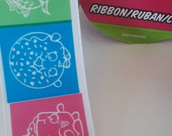 Shopkins Satin Ribbon. Cartoon Ribbon. 1.5 in x 9 Ft. Roll. Blue, Green, Pink Kids Ribbon. Character Ribbon. Hair Ribbon. Cheerleaders Bows.