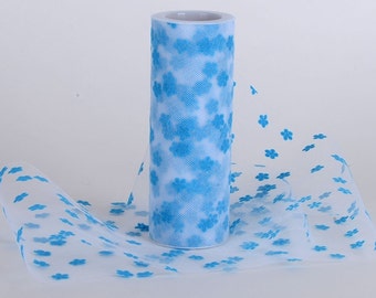 Tulle Roll. Blue Flowers Printed. 6" x 10 Yards Roll. Tutus, Baby Shower Decoration, Costumes, Ballet, Bridal, Wreaths, Floral design, Bows