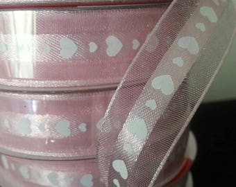 Pink Organza and Satin Ribbon. 5/8 in x 9 Ft. Roll. Pink Ribbon with White Hearts. Baby Girl Ribbon, Pink sewing ribbon, Hair Ribbons, Bows.