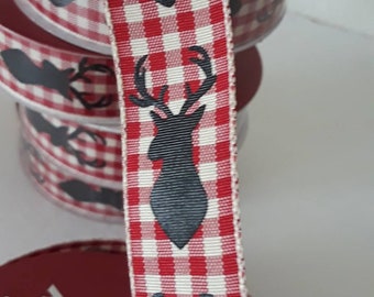 Reindeer Checkered Ribbon. Holiday Ribbon. Christmas Ribbon. Red & Black Check Plaid Ribbon. Fabric Sewing Ribbons. Holiday Gift Wrap. Craft