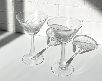 Pair of Vintage Art Deco Inspired Cut & Etched Crystal Martini Glasses w Frosted Stems - Retro Barware, Crystal Cocktail Glasses