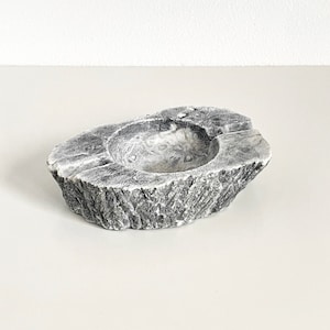Vintage Gray Raw Stone Slab Ashtray, Brutalist Wabi Sabi Textured Carved Stone Catchall Trinket Dish