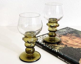 Set of 2 Midcentury Roemer Rhine Olive Green Wine Glasses Goblets Beehive Shape Hollow Stem Vintage Cocktail Glasses German Gistlglas
