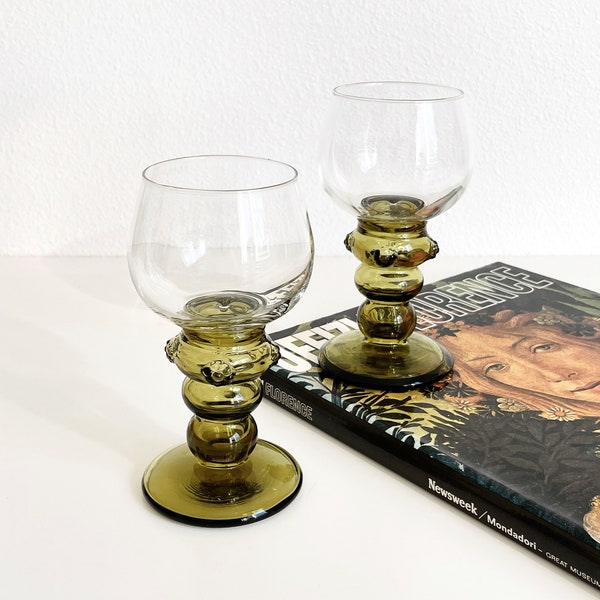 Set of 2 Midcentury Roemer Rhine Olive Green Wine Glasses Goblets Beehive Shape Hollow Stem Vintage Cocktail Glasses German Gistlglas