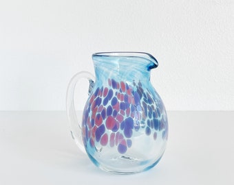 Vintage Buzz Williams Hand Blown Art Glass Blue Swirl Pitcher with Pink & Purple Confetti Dots - 1990s Alder House Glass, Oregon Artist