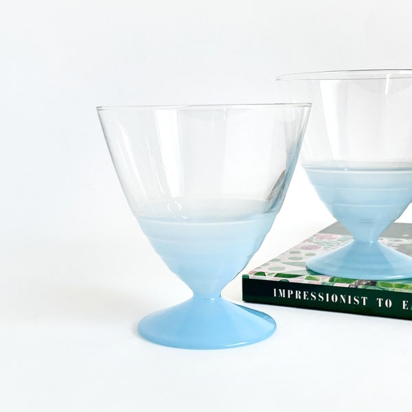 1980s Ribbed Light Blue French Sherbet Glasses - Vintage Cocktail Glasses, Retro Barware