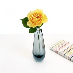 MId Century Smoke Gray Blue Art Glass Teardrop Shape Bud Vase, Vicke Lindstrand For Kosta Boda Sweden, Vintage Colored Glass Vase