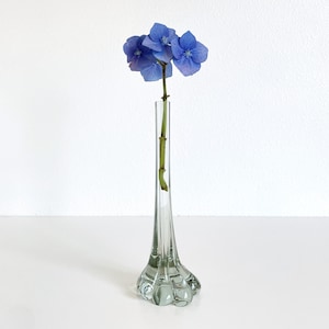 May include: A clear glass vase with a unique, bulbous base and a slender neck. A single stem of blue hydrangeas is arranged in the vase.