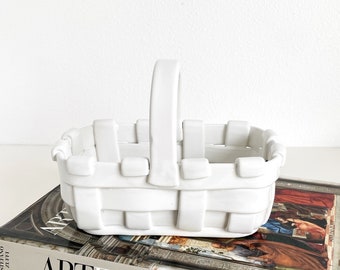 Vintage Italian Woven White Ceramic Rectangular Basket with Handle, Made in Italy Pottery Fruit Basket or Bread Basket