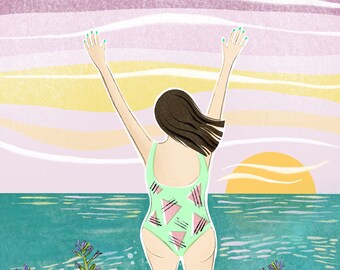 May include: A woman in a green and pink swimsuit with geometric patterns jumps into a body of water. The water is a teal blue color and there are green plants with purple flowers on either side of the woman. The sky is a light purple and yellow color with a bright yellow sun in the distance.