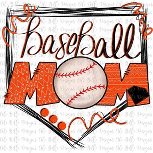 Baseball Mom, Baseball Mom PNG, Orange, Diseño de Sublimación, Personalizado, Baseball Mom camiseta, Descarga Digital, Letras Doodle
