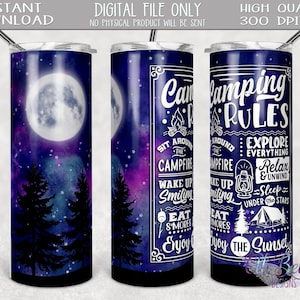Conception de gobelet maigre de 20 oz| Sublimation de modèle de gobelet maigre de 20 oz| Règles du camping| Camping| Camping Tumbler| Lune| Aurore boréale