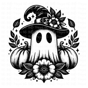 Fantôme effrayant, fantôme de sorcière, Halloween PNG, PNG d'automne, citrouilles, feuilles, fantôme de fleur mignon, goules, tendance, tendance, minimaliste