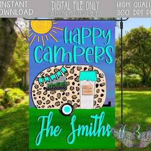 Happy Campers | Leopard Camper | Garden Flag Design| Garden Flag PNG| Hand Drawn Design Download| Hand Painted | Garden Flag PNG| Digital