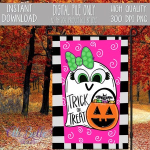Drapeau de jardin d'Halloween| Fantôme mignon | Des bonbons ou un sort|Conception de drapeau de jardin| PNG| Dessiné à la main | Téléchargement | Drapeau du jardin d'automne