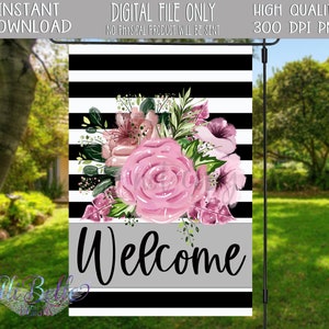 Flowers Garden Flag / Digital Design Download / Garden Flag Design / Garden Flag PNG / Garden Flag PNG / Welcome / Pink Roses / Floral / Stripes
