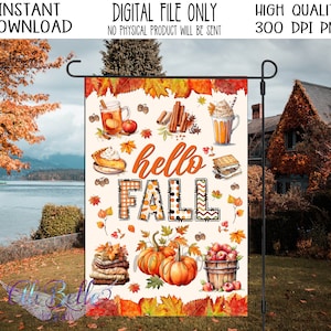 Hello Fall Garden Flag| Fall Favorites Garden Flag Design| Garden Flag PNG| Pumpkins| Apple Picking| Pumpkin Spice Sublimation Design| PNG