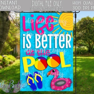 Life is Better at the Pool| Flamingo| Garden Flag Design| Garden Flag PNG| Hand Drawn Design Download| Flip Flops| Garden Flag PNG| Digital