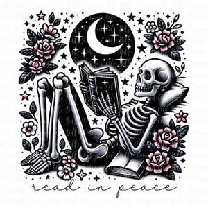 Lisez en paix, PNG, squelette, lecture, floral, tendance, tendance, amoureux des livres, chemise de livre, téléchargement numérique