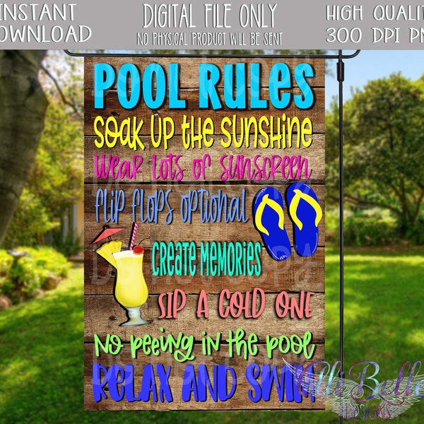 Pool Rules Sublimation Design Download| Garden Flag Design| Summer Garden Flag| Summer Sign| Swim| Relax| Beach Decor| Pool Sign