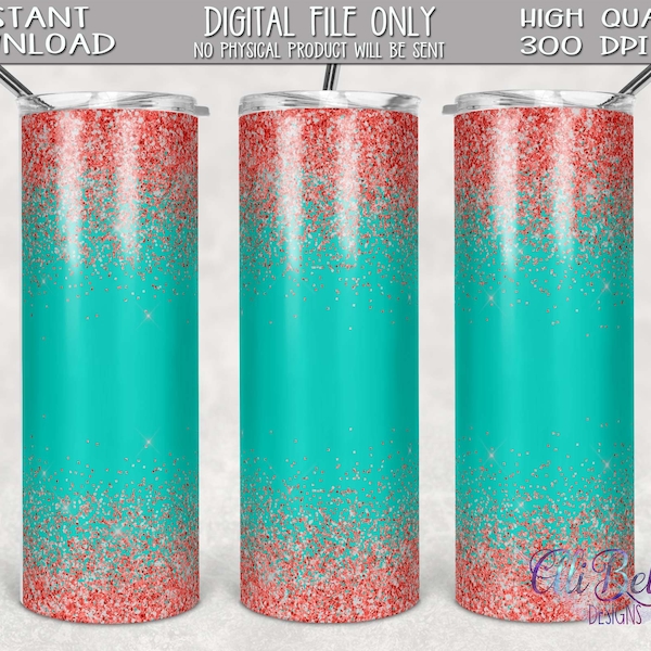 20 ounce skinny tumbler Sublimation Design Download| Coral Glitter| Coral Glitter |Coral| Teal|  Digital Design| PNG | Sublimation Download