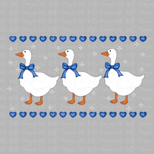 Vintage Charm Country Goose PNG | Hand-Drawn White Geese with Blue Coquette Bows | Cottagecore Digital Art| Retro White Geese| 80&#39;s | 90&#39;s