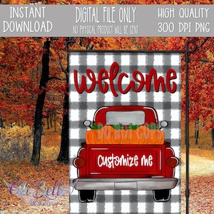 Pumpkin camion Giardino Bandiera / Fall Pumpkin Garden Bandiera Design / Bandiera Giardino PNG / Disegno disegnato a mano / Download / Benvenuto zucca / Buffalo Plaid