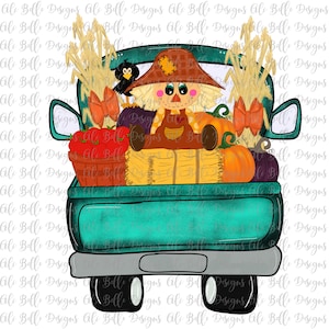 Fall Truck, Scarecrow, Pumpkin, Autumn, Vintage Truck, Hand Drawn, Colorful Pumpkins, Apples, Hay, Sublimate, Digital Download, Sublimation