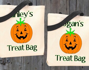 Set of 2 Personalized Halloween Treat Bags for Twins, Gifts for Twins, First Halloween Gift, Personalized Tote Bag, Halloween Candy Bag