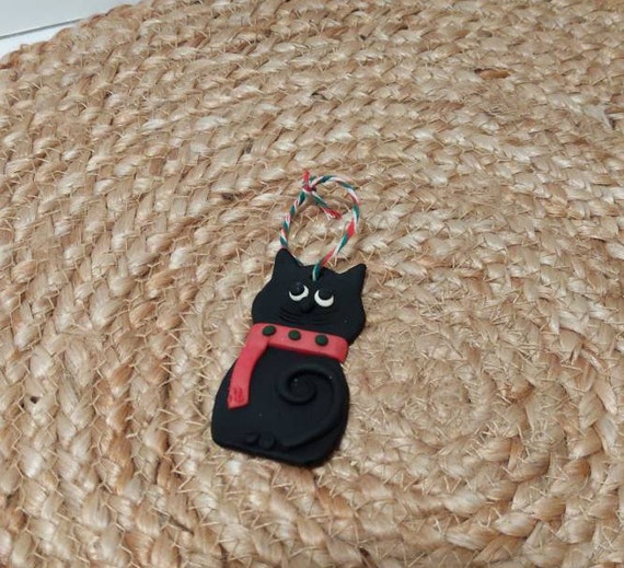 Black cat Christmas ornament clay cat red scarf white dots