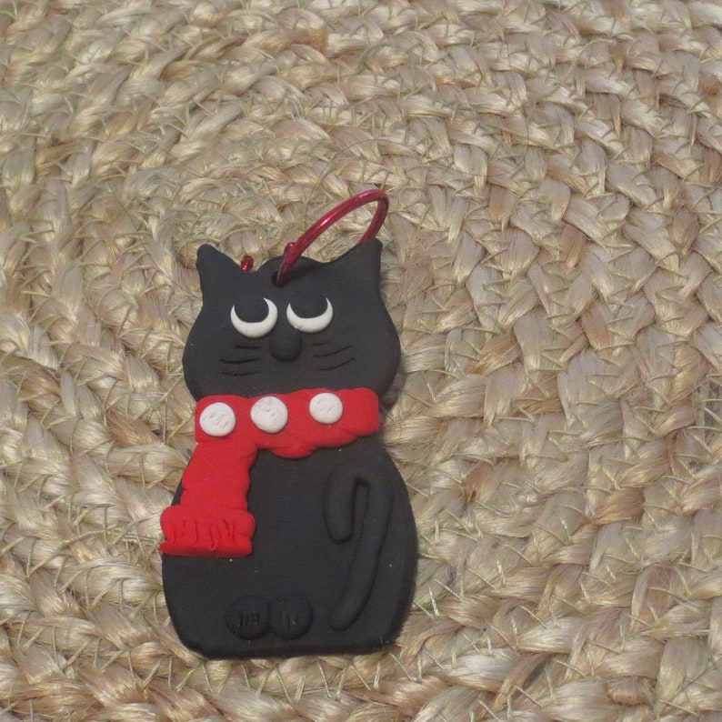 Black cat Christmas ornament clay cat red scarf white dots