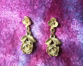 Golden Rose Post Drop Earrings - Detailed Gold Vintage 1960s Flower Stud Jewelry Accessories