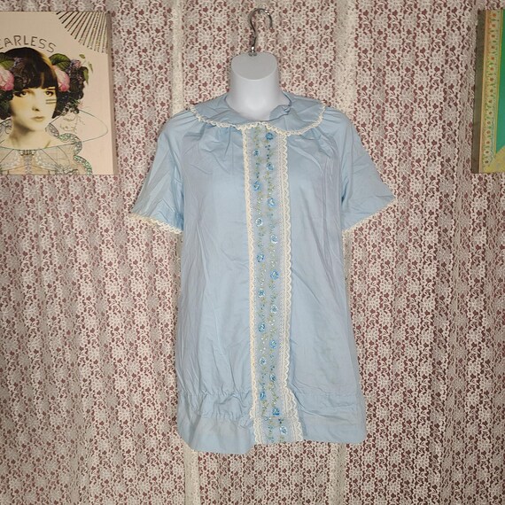 Vintage 60s Loungees powder blue floral lace hous… - image 1