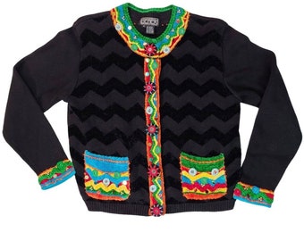 Vintage 90s berek black chevron heavy knit sweater cardigan with rainbow details sequins and micro mirrors medium