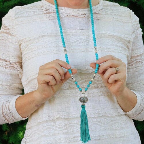 Handmade 1 Long Black Tassel Dangle Turquoise Gemstone & Beaded Necklace # B205 Handmade 1 Long Black Tassel Dangle Turquoise Gemstone & Beaded Necklace # B205