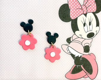 Minnie Mouse Ears with Pink Flower  Polymer Clay Earrings - Disney  Earrings - Minnie Mouse Earrings