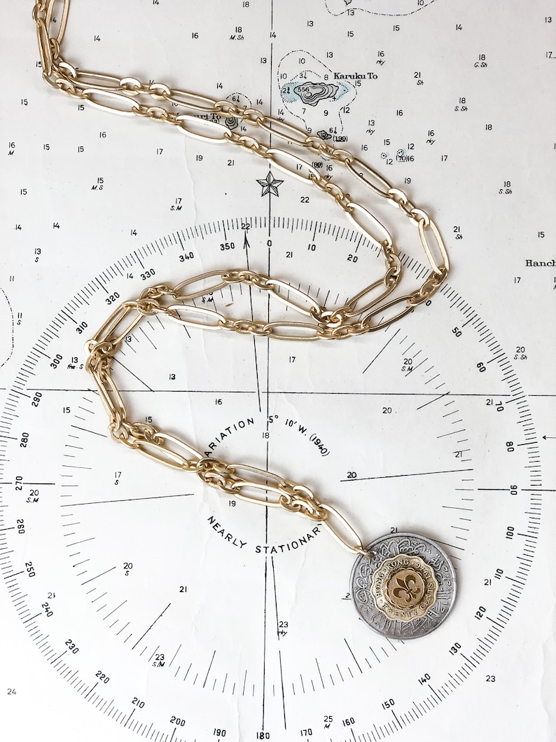 Vintage Coins with Fleur De Lis on Long Brushed Gold Chain